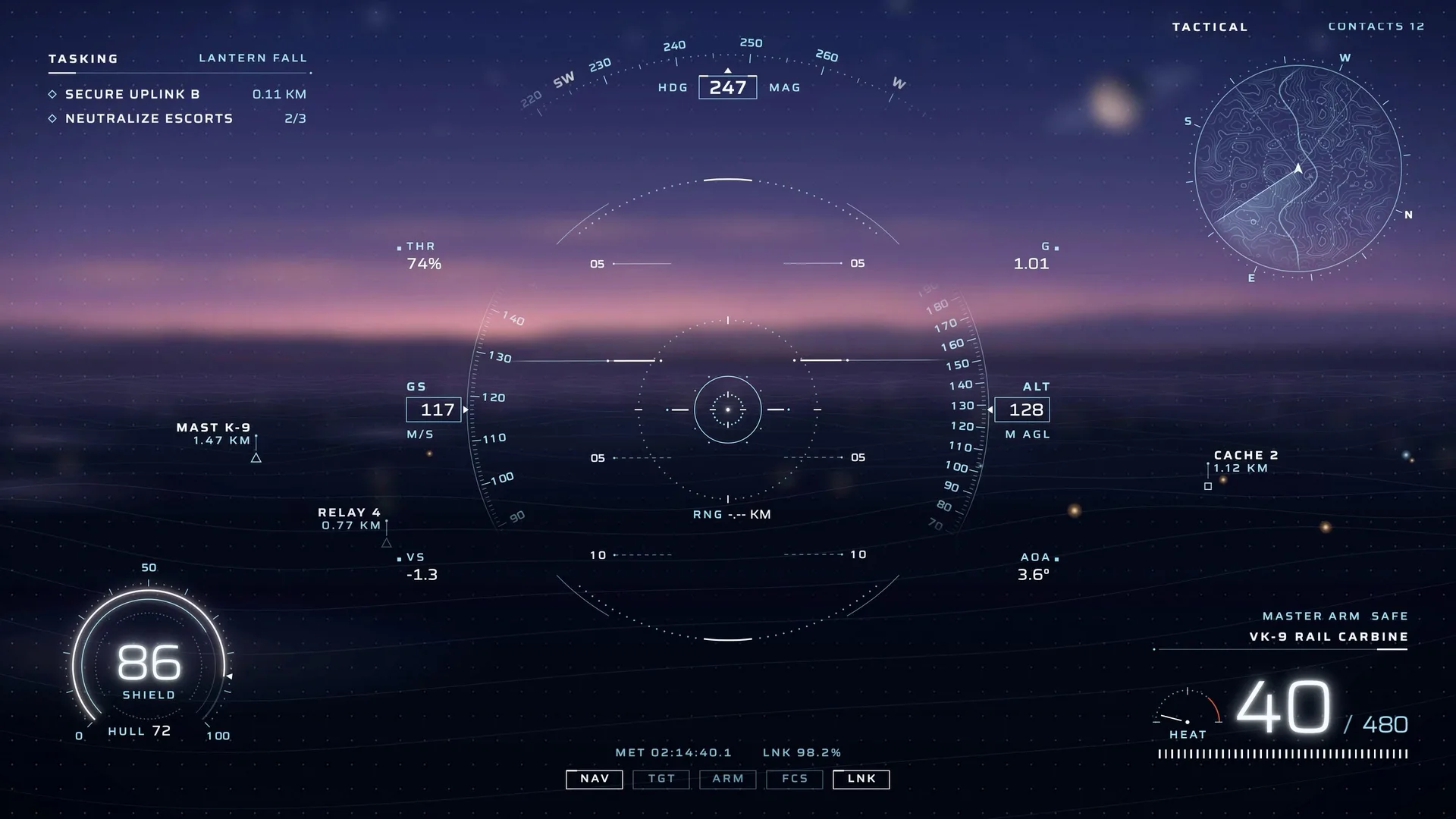 A game HUD rendered by Ultralight over a dusk sky: heading, altitude and speed gauges, a tactical map and a shield readout.